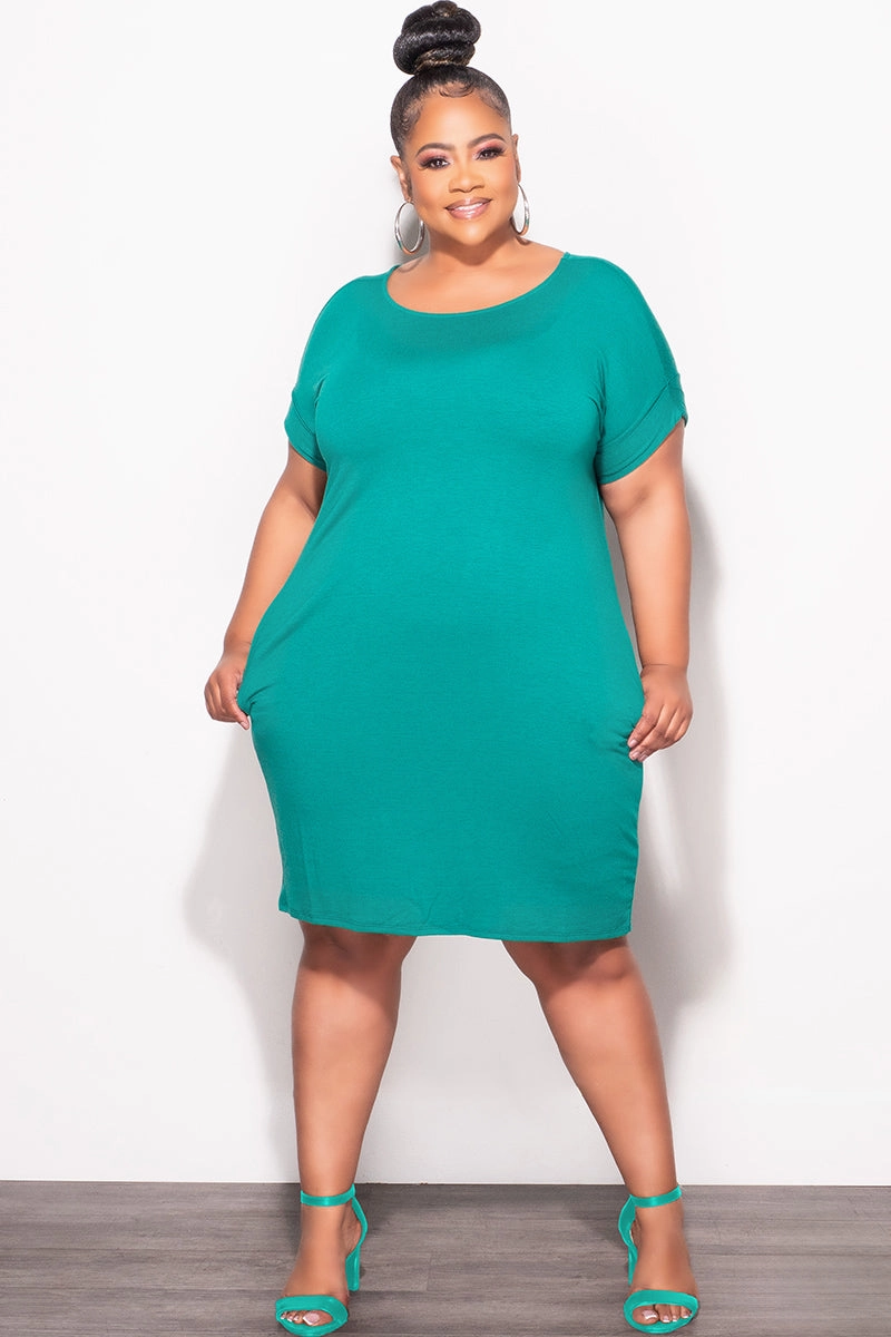 Relaxed Design Wear Cozy Lining Final Sale Plus Size Rolled Sleeve Dress in Green