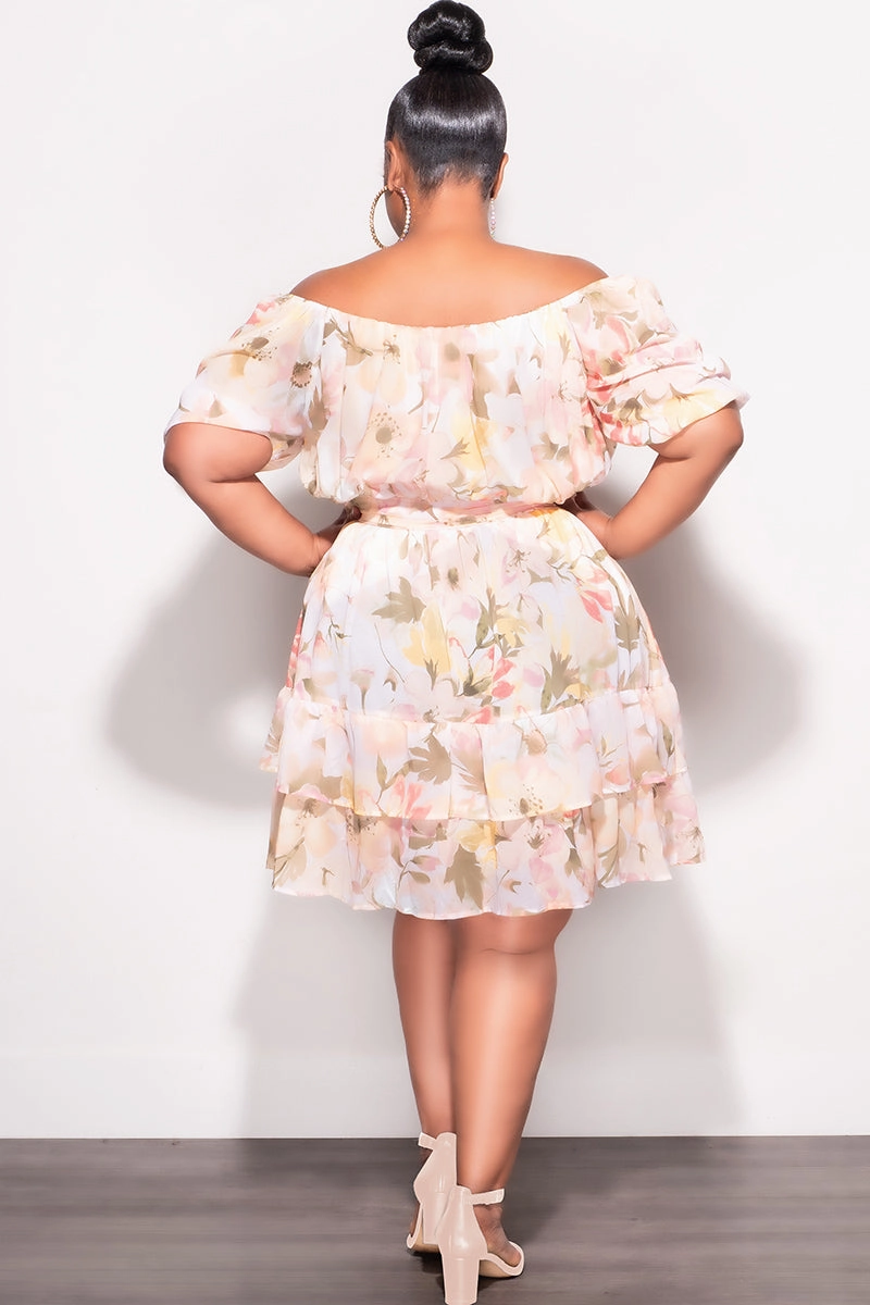 Final Sale Plus Size Chiffon Dress in Beige, Green, & White Floral Print Relaxed Cut Minimal Design