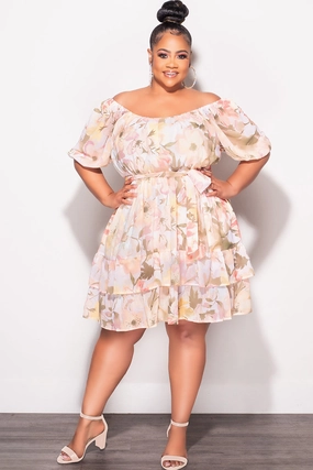 Performance Wear Final Sale Plus Size Chiffon Dress in Beige, Green, & White Floral Print