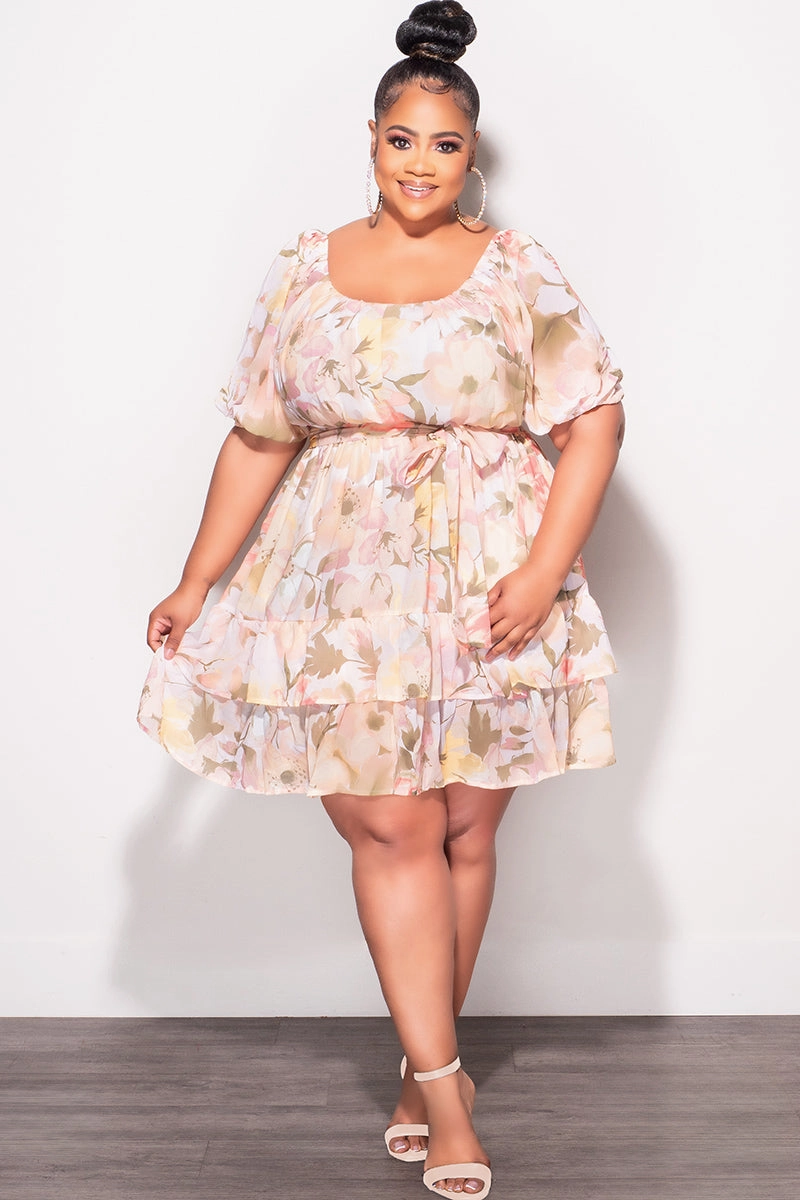Final Sale Plus Size Chiffon Dress in Beige, Green, & White Floral Print Perfect Length