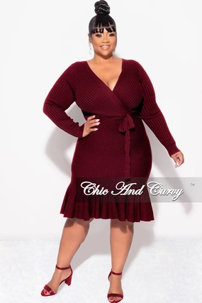 Final Sale Plus Size Faux Wrap Ribbed BodyCon Dress with Waist Tie and Bottom Ruffle in Burgundy Sporty Design