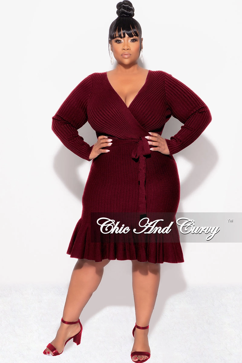 Final Sale Plus Size Faux Wrap Ribbed BodyCon Dress with Waist Tie and Bottom Ruffle in Burgundy Slim Comfort AdjustableDrawstring