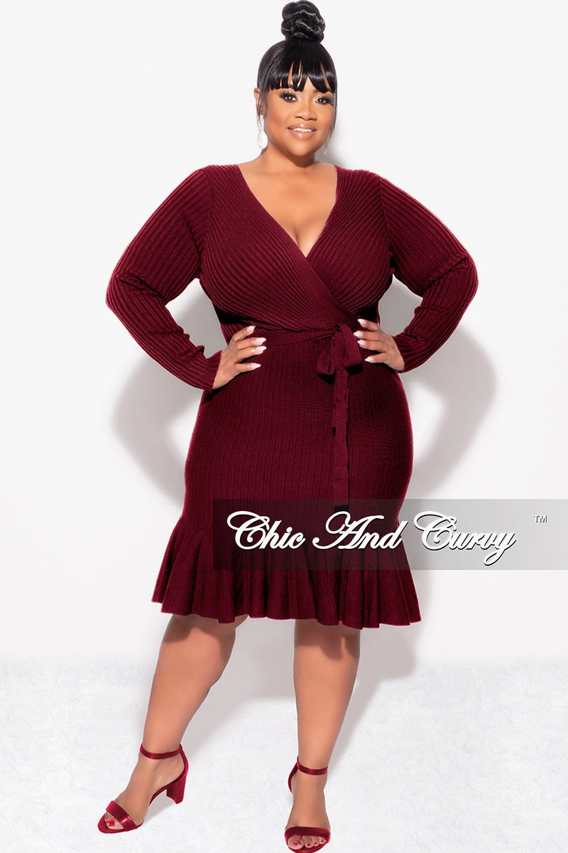 Slim wear Final Sale Plus Size Faux Wrap Ribbed BodyCon Dress with Waist Tie and Bottom Ruffle in Burgundy