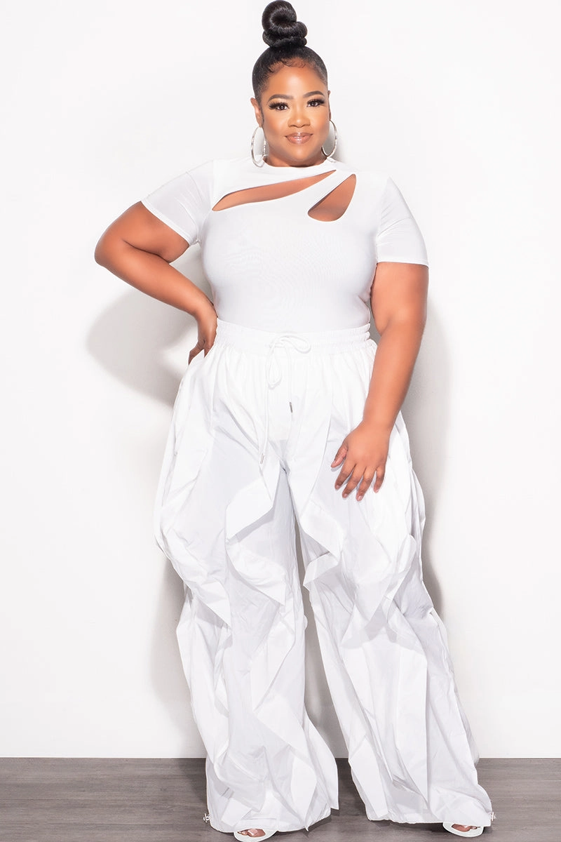 Non Irritating Tags Final Sale Plus Size Wide Leg Drawstring Oversized Windbreaker Wavy Pants in White