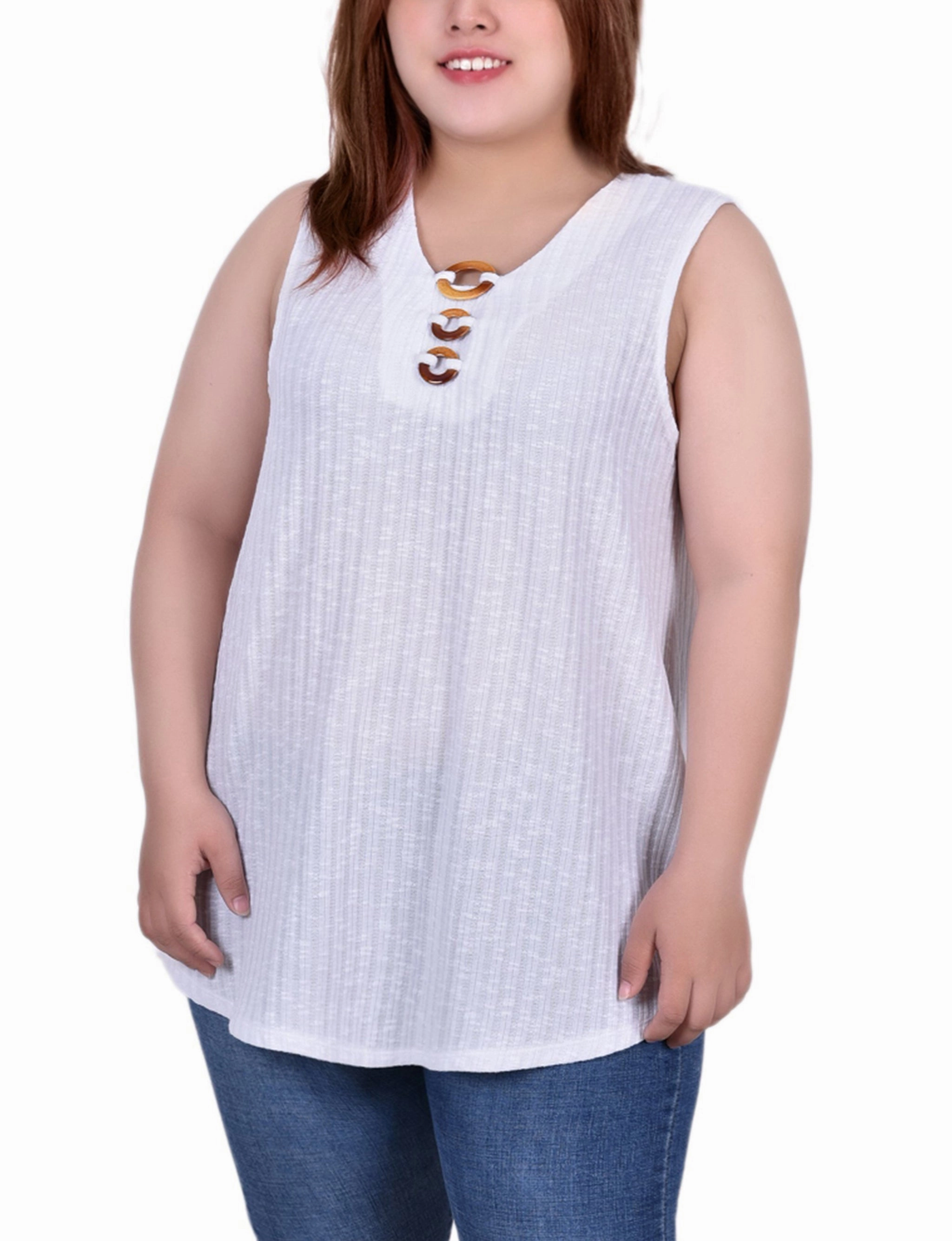 Anti Pilling Asymmetrical hem Plus Size Sleeveless Ribbed Top With Triple Rings