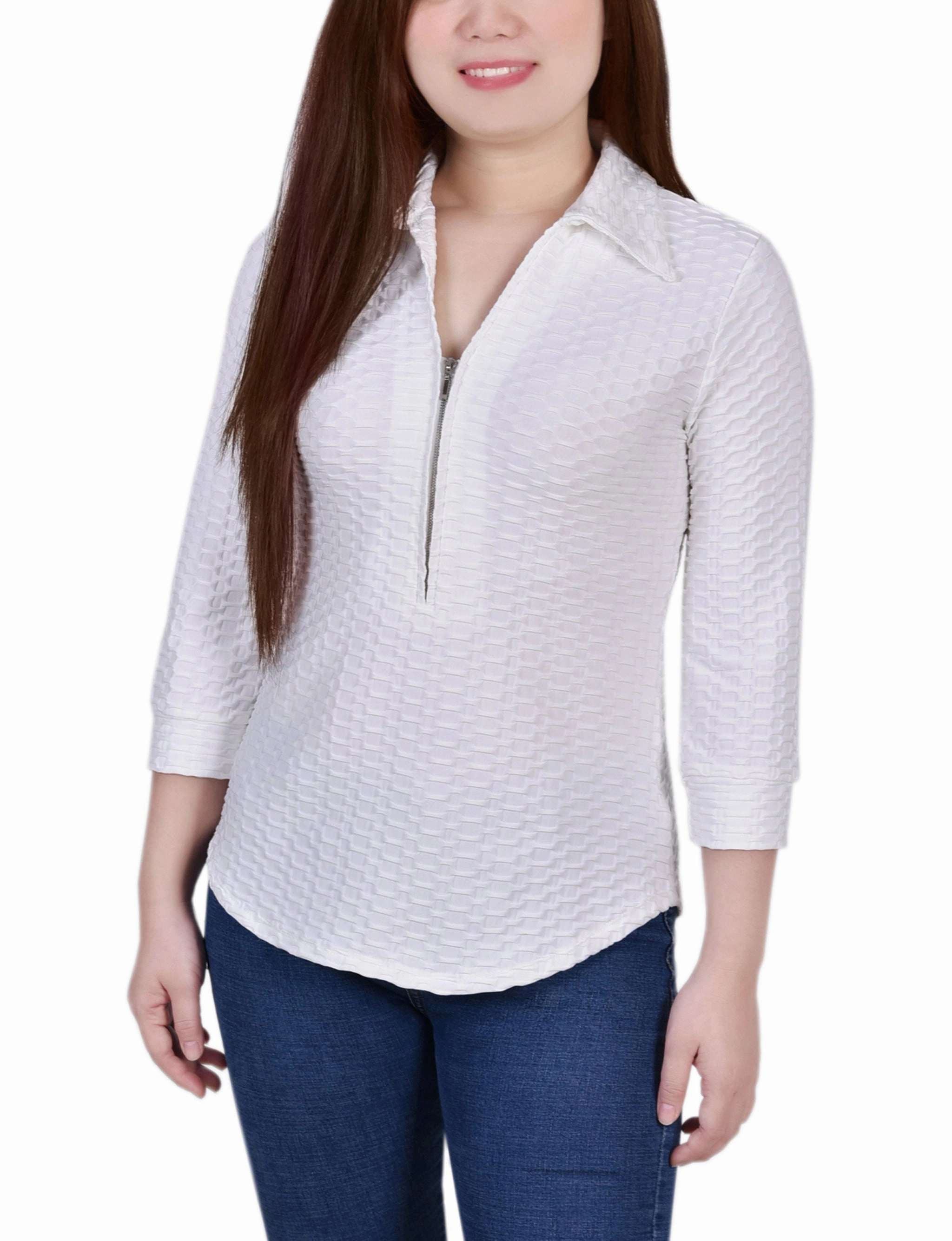 Stretch Blouse TemperatureRegulating 3/4 Sleeve Honeycomb Half Zip Collared Top