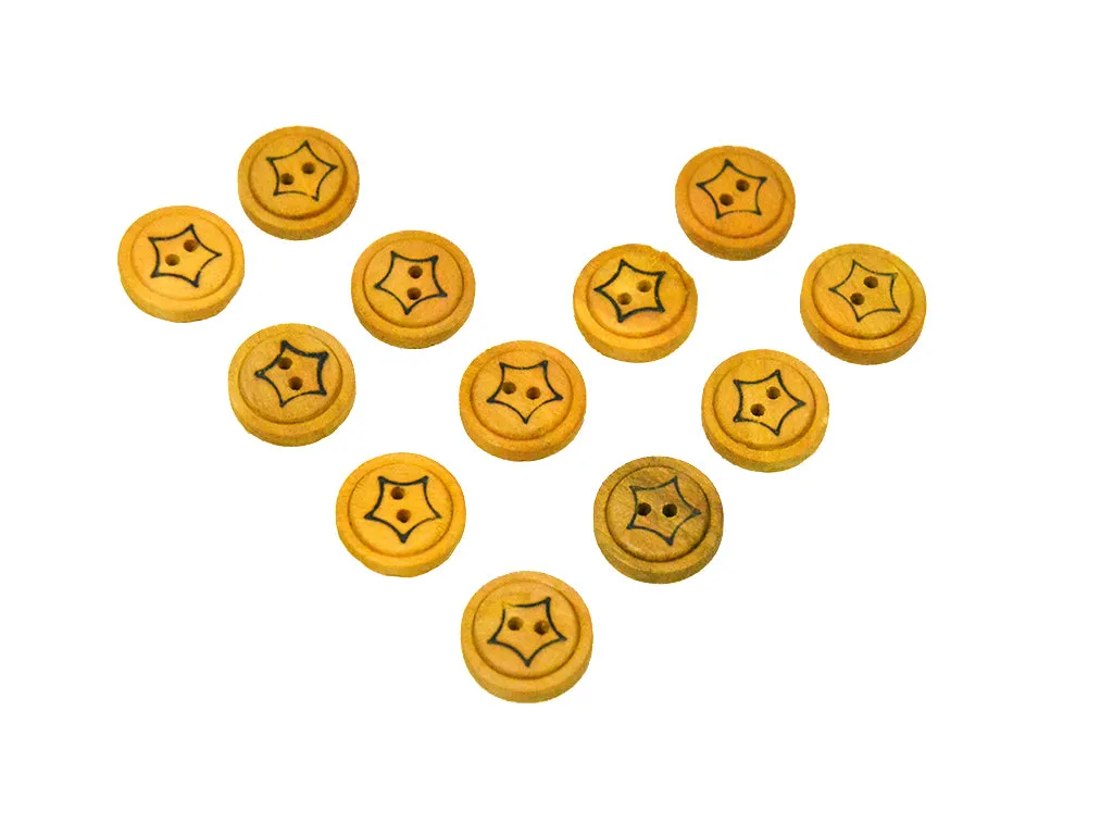 Mustard Fancy Stars Printed 2 Hole Wooden Buttons - 32L