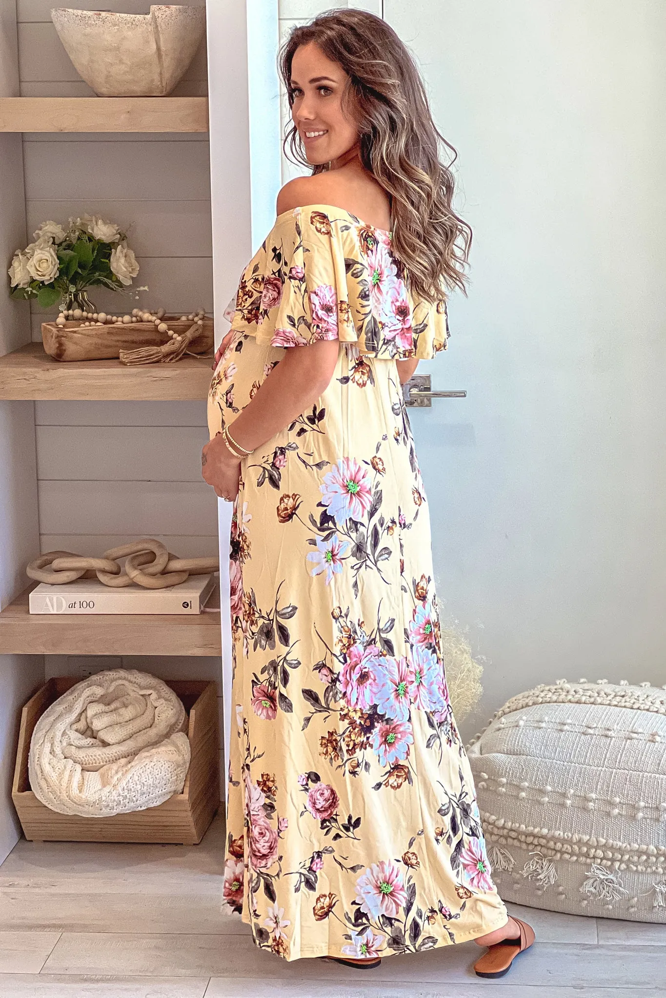 Mustard Floral Off Shoulder Maternity Maxi Dress