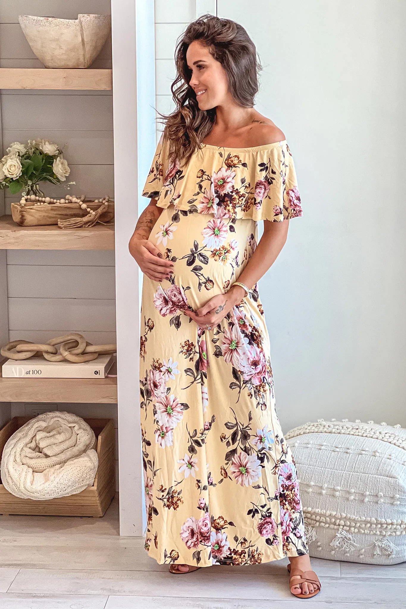 Mustard Floral Off Shoulder Maternity Maxi Dress