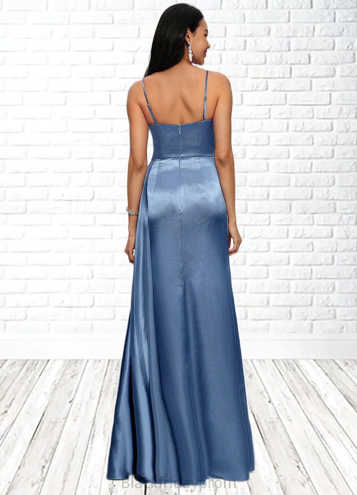 Naomi Sheath/Column V-Neck Floor-Length Stretch Satin Prom Dresses With Pleated BF2P0022214