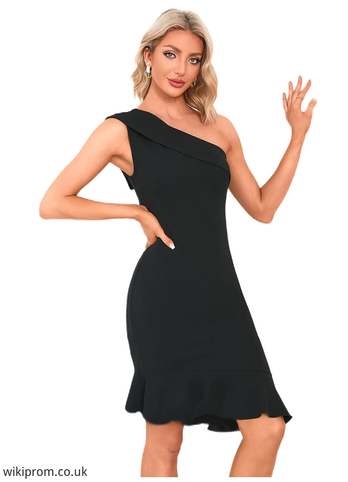 Nataly Cascading Ruffles One Shoulder Elegant Sheath/Column Polyester Asymmetrical Dresses SWKP0022514