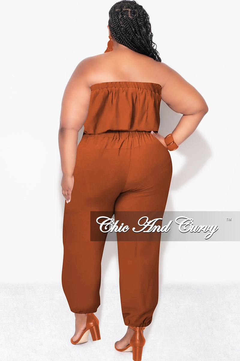 Flexible Gusset Work Essential Final Sale Plus Size Strapless Jumpsuit with Tie in Cognac