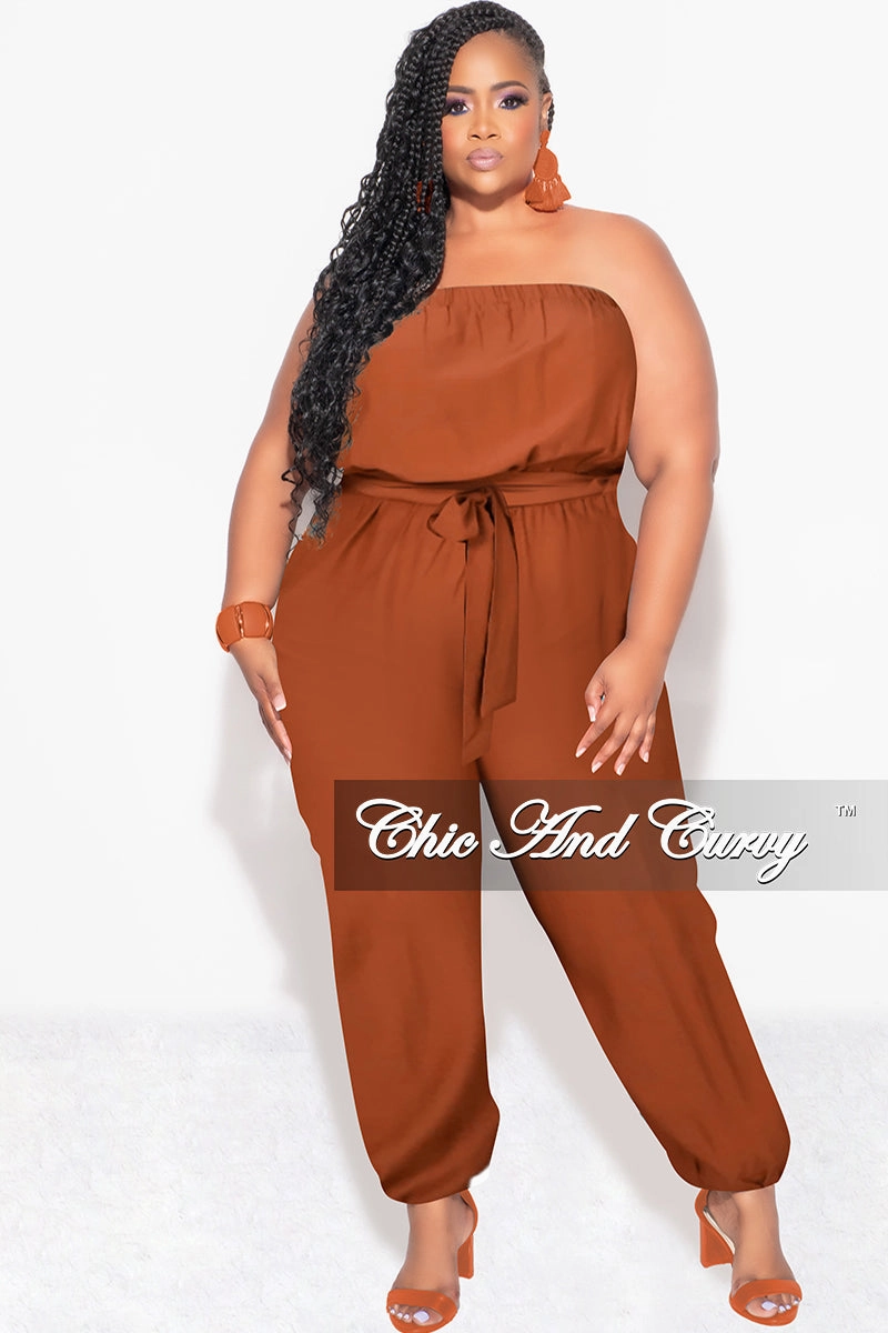 Thermal Lining Relaxed Fit Final Sale Plus Size Strapless Jumpsuit with Tie in Cognac