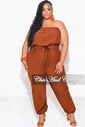 Thermal Lining Relaxed Fit Final Sale Plus Size Strapless Jumpsuit with Tie in Cognac