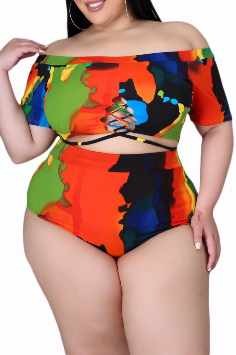 Flexible Durability AntiStaticLining Final Sale Plus Size 2-Pc Poolside Playsuit (Off The Shoulder Crop Top & High Waist Bottoms) in Multi-Colors
