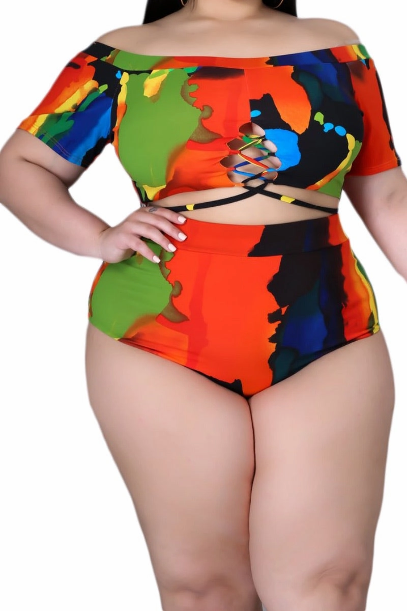 Easy Fit Anti Pilling Treatment Final Sale Plus Size 2-Pc Poolside Playsuit (Off The Shoulder Crop Top & High Waist Bottoms) in Multi-Colors