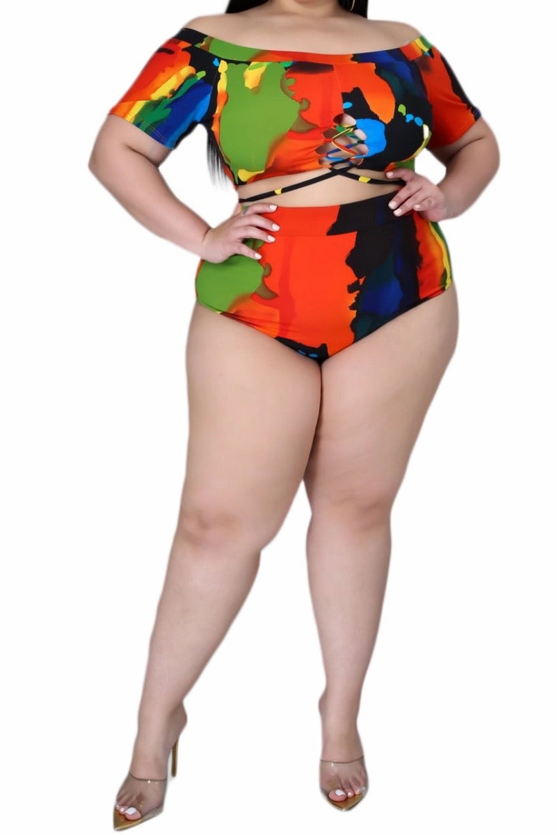 Final Sale Plus Size 2-Pc Poolside Playsuit (Off The Shoulder Crop Top & High Waist Bottoms) in Multi-Colors Commuter Ready Hidden pockets