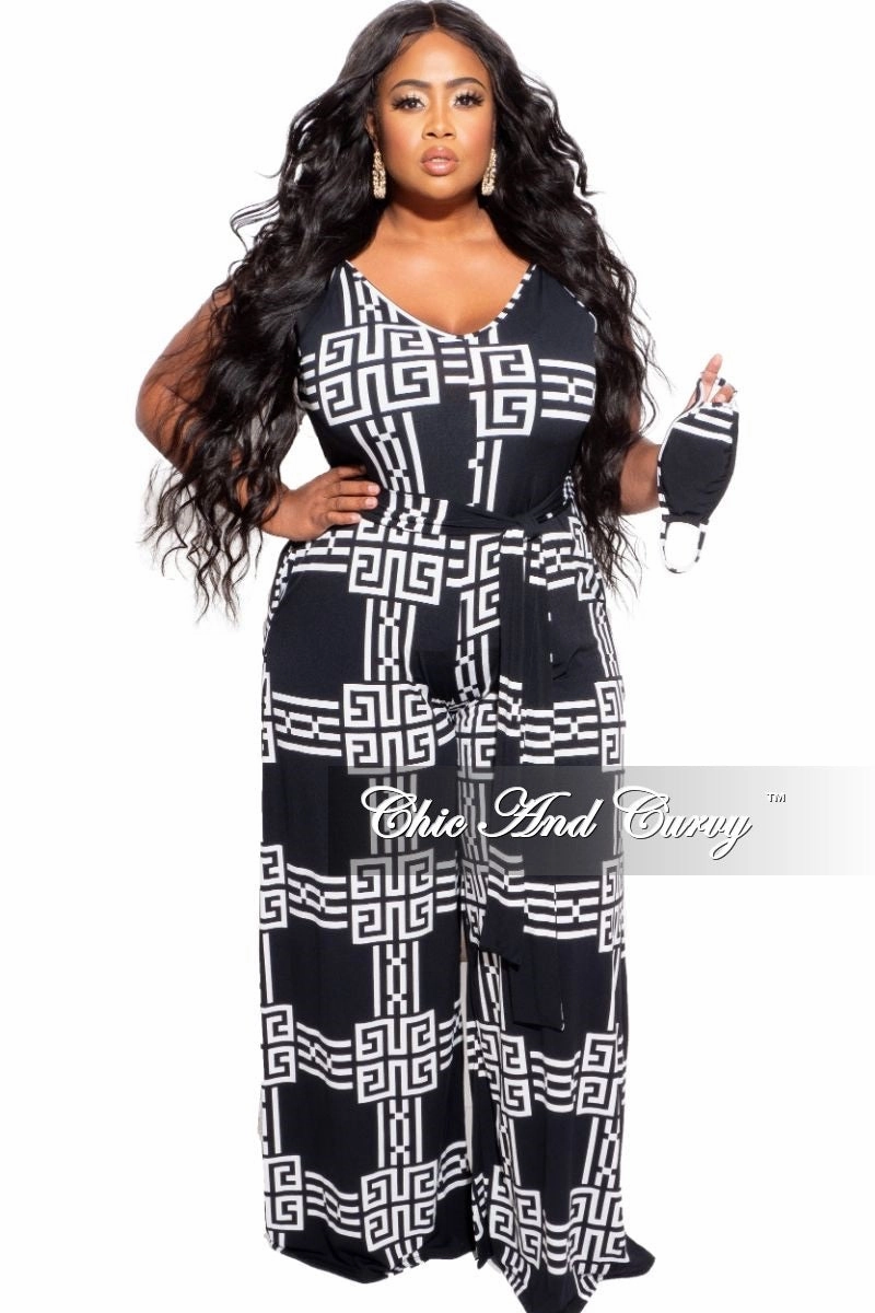 Final Sale Plus Size Spaghetti Strap Belted Jumpsuit in Black & White Functional Design Easy Match