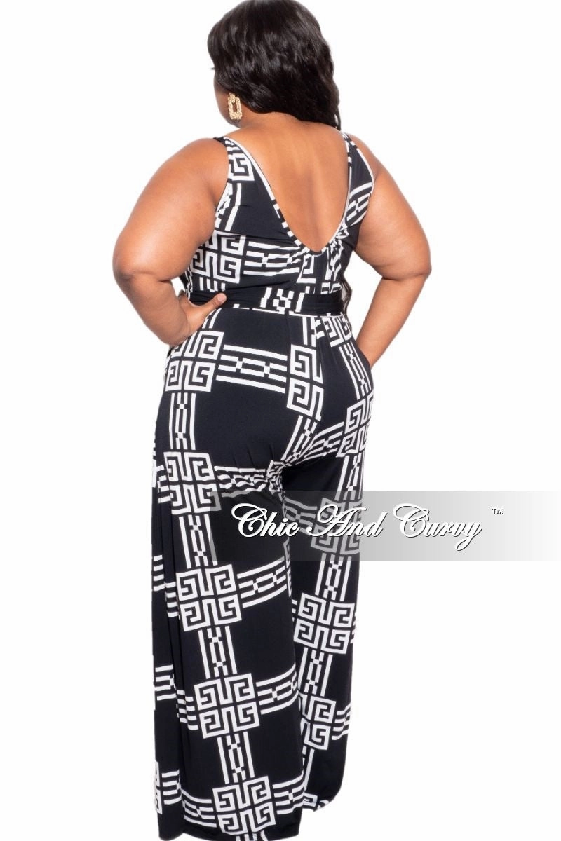 Final Sale Plus Size Spaghetti Strap Belted Jumpsuit in Black & White Relax Mode Soft Material