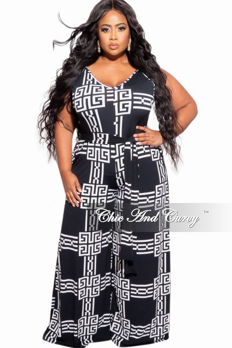 Quick Pack Final Sale Plus Size Spaghetti Strap Belted Jumpsuit in Black & White