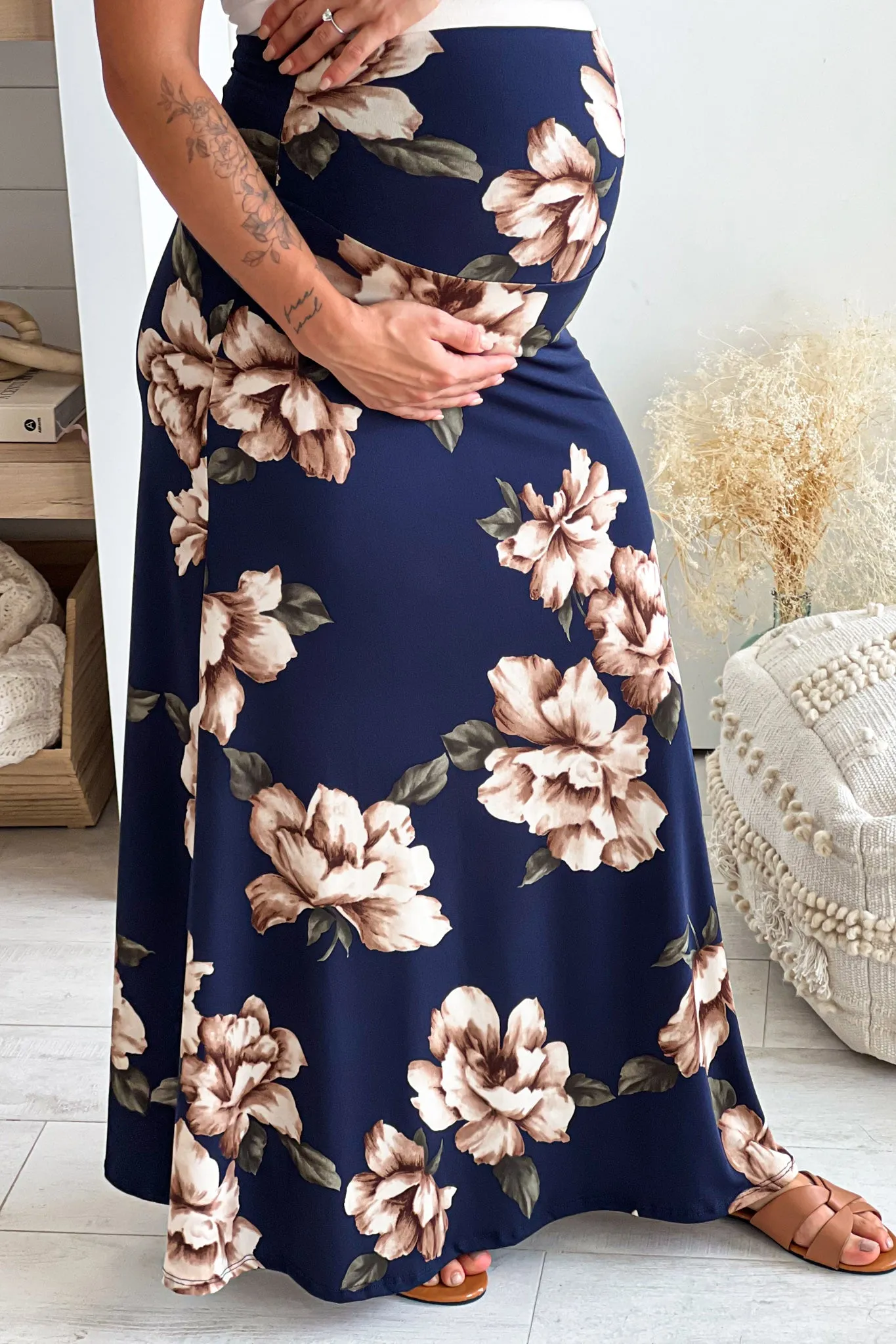 Navy Floral Maternity Maxi Skirt