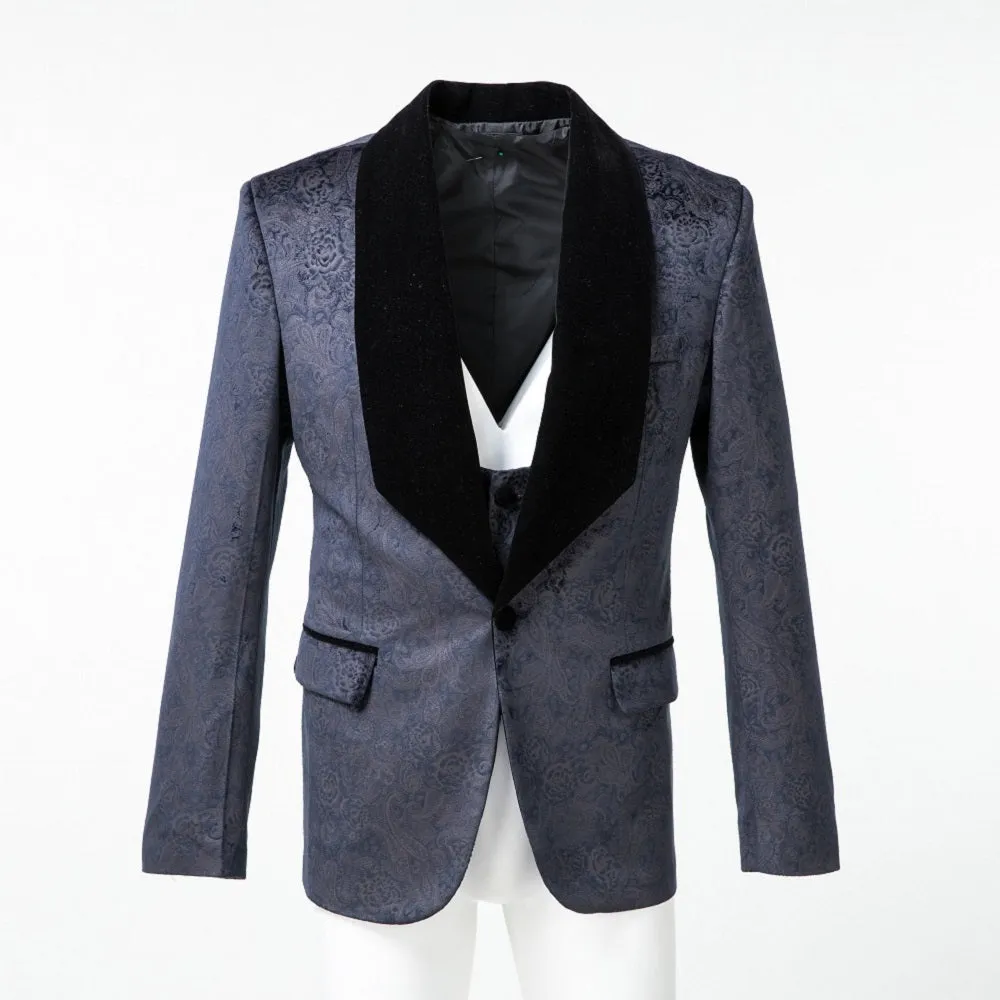 Navy Velvet Unique Patterned Party 3 Piece Men Suits
