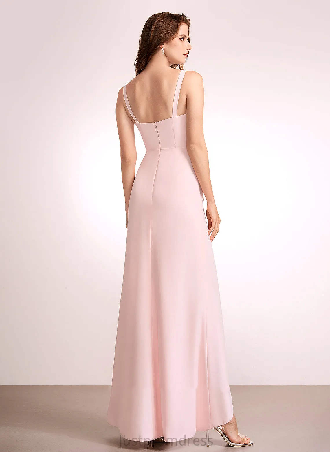 Neckline V-neck Silhouette Length Embellishment Sheath/Column Floor-Length Fabric SplitFront Juliette Sleeveless V-Neck Bridesmaid Dresses