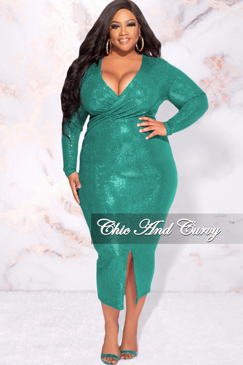 Available Online Only - Final Sale Plus Size Faux Sequin Faux Wrap Bodycon  Dress with Front Slit in Green Eco Friendly Dyeing Cozy Essentials