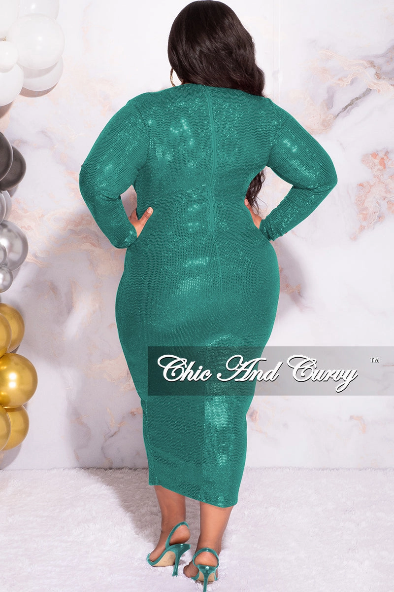 Available Online Only - Final Sale Plus Size Faux Sequin Faux Wrap Bodycon  Dress with Front Slit in Green Comfy Design Active Design Wear