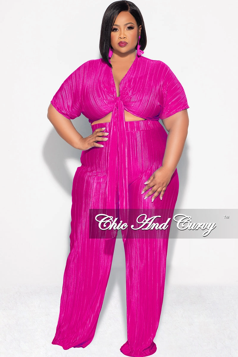 Non Bulk Final Sale Plus Size 2pc Pleated Top and Pants Set in Fuchsia