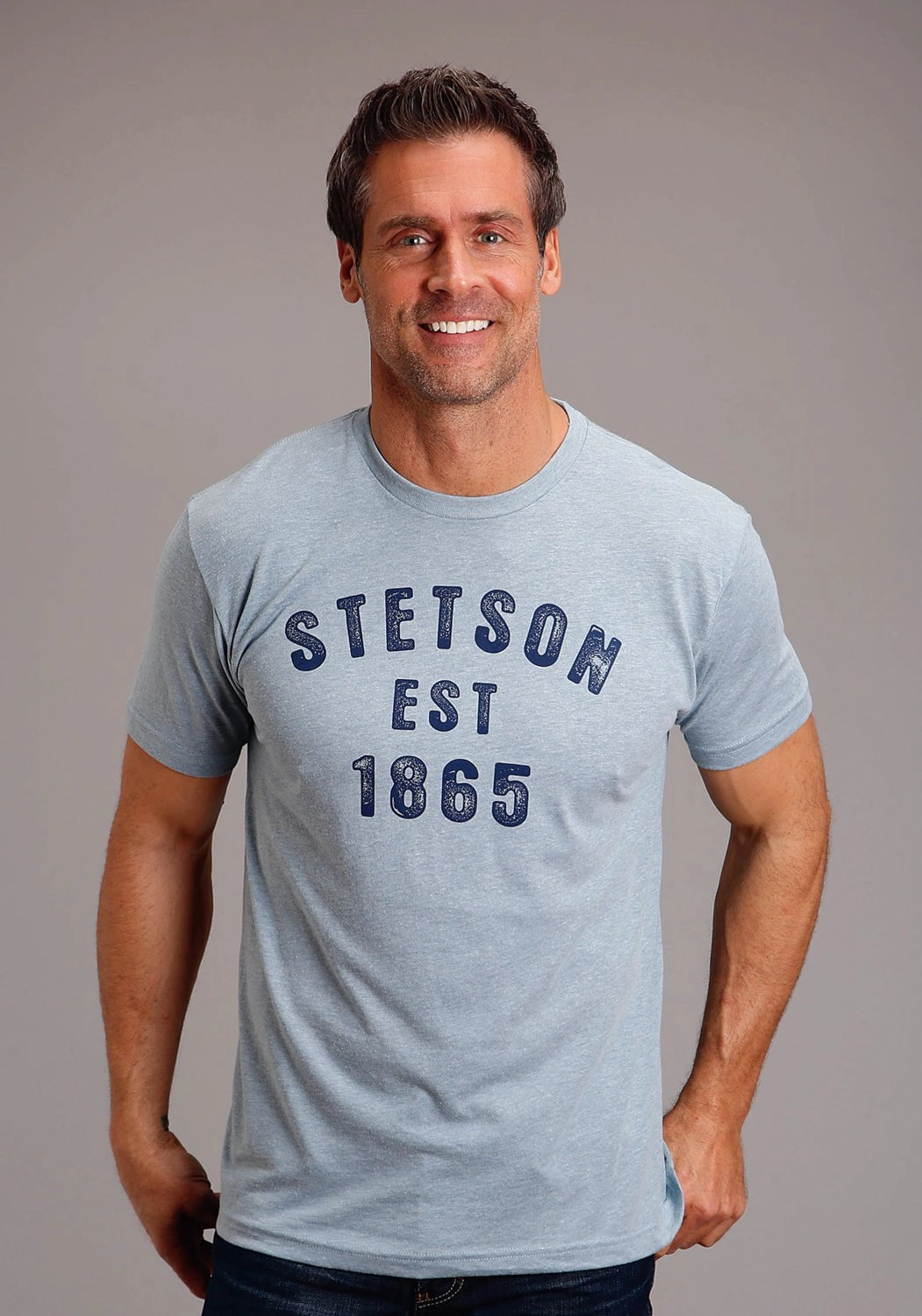 Stetson Mens Light Denim Cotton Blend Block Letters S/S T-Shirt Premium Finish