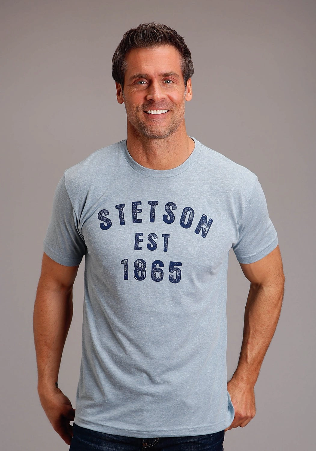 Stetson Mens Light Denim Cotton Blend Block Letters S/S T-Shirt Eco friendly materials Casual Friday