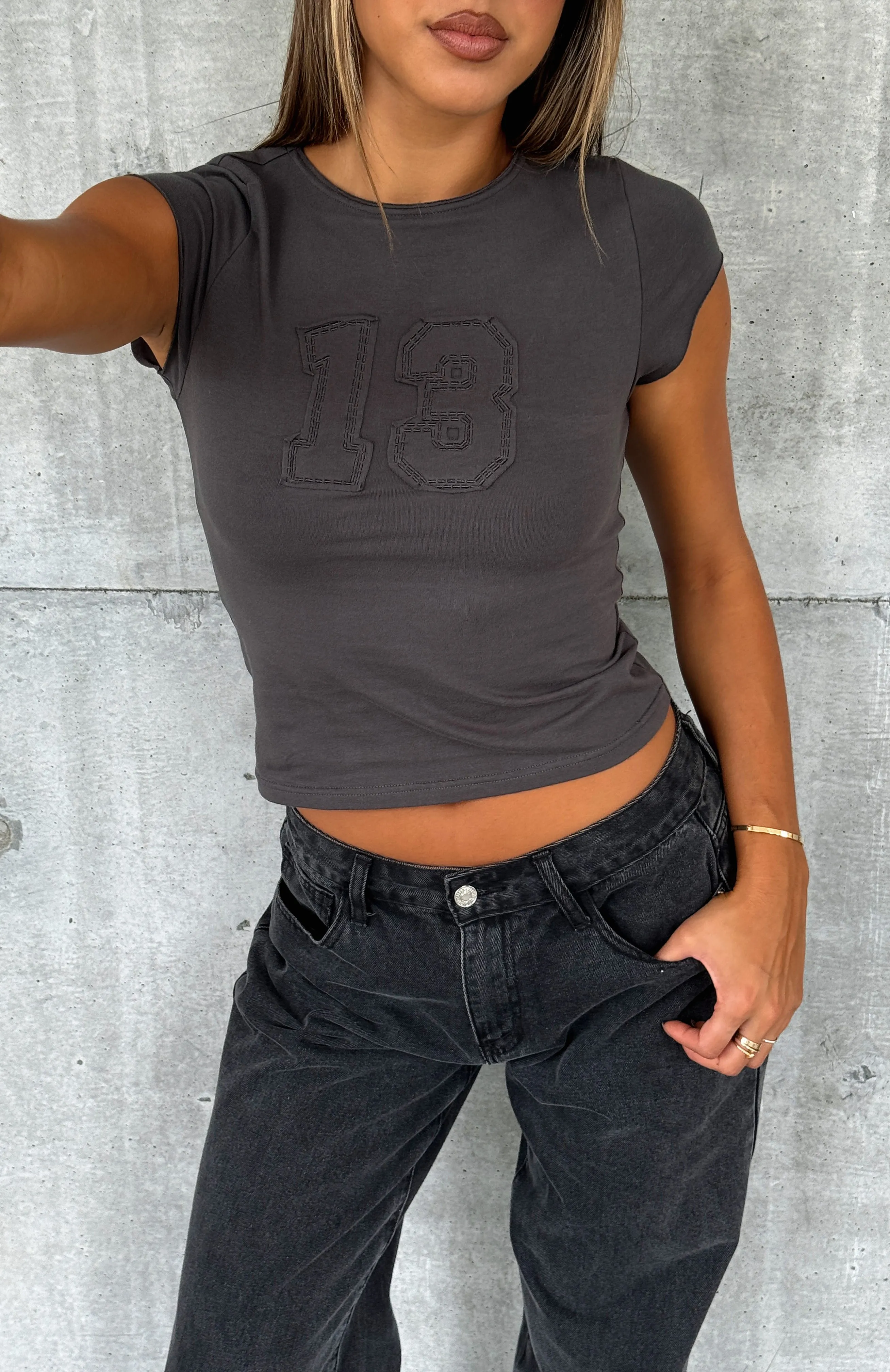 Never Fall Back Baby Tee Charcoal Stretch Fit AntiPilling Finish