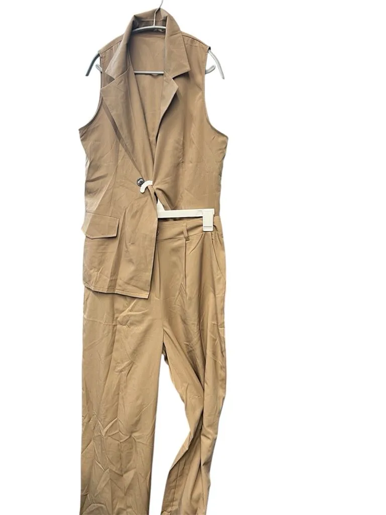 NEW Retails $70, PRETTYGARDEN Women's 2 Piece Outfits Sleeveless Suit Vest and Wide Leg Pants Business Casual Blazer Sets, Dark Khaki, Sz L
