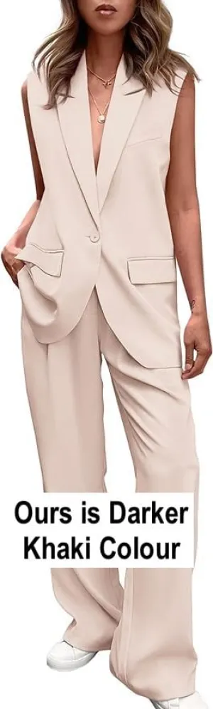 NEW Retails $70, PRETTYGARDEN Women's 2 Piece Outfits Sleeveless Suit Vest and Wide Leg Pants Business Casual Blazer Sets, Dark Khaki, Sz L