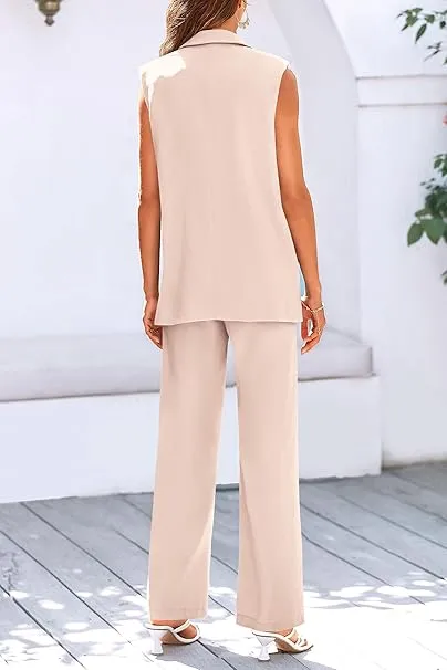 NEW Retails $70, PRETTYGARDEN Women's 2 Piece Outfits Sleeveless Suit Vest and Wide Leg Pants Business Casual Blazer Sets, Dark Khaki, Sz L