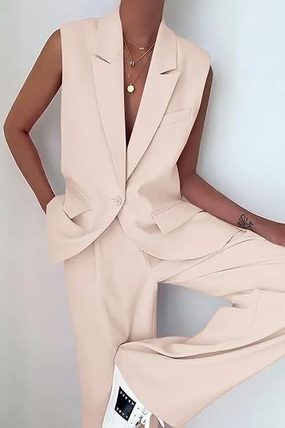 NEW Retails $70, PRETTYGARDEN Women's 2 Piece Outfits Sleeveless Suit Vest and Wide Leg Pants Business Casual Blazer Sets, Dark Khaki, Sz L