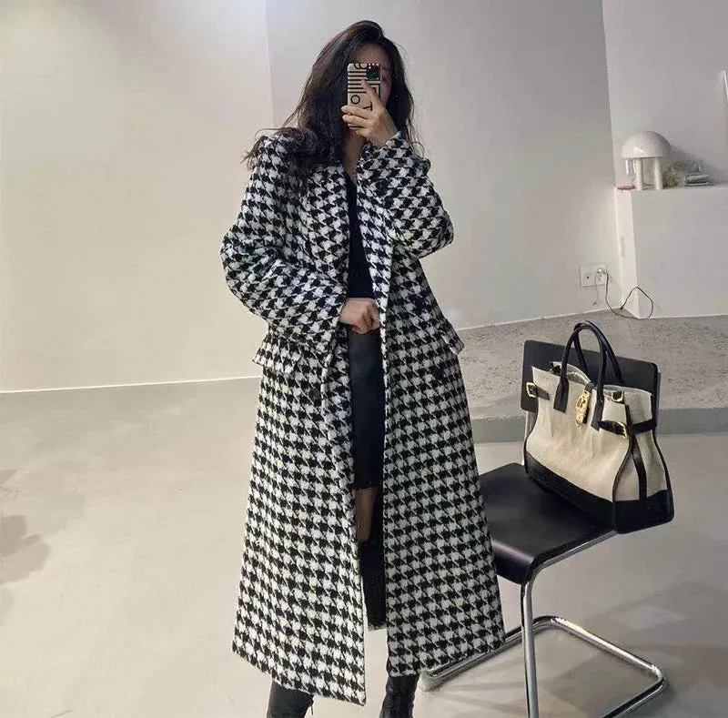 New Women Modern Fashion Houndstooth,Wool Jacket Women Autumn,Single Breasted Long Overcoat