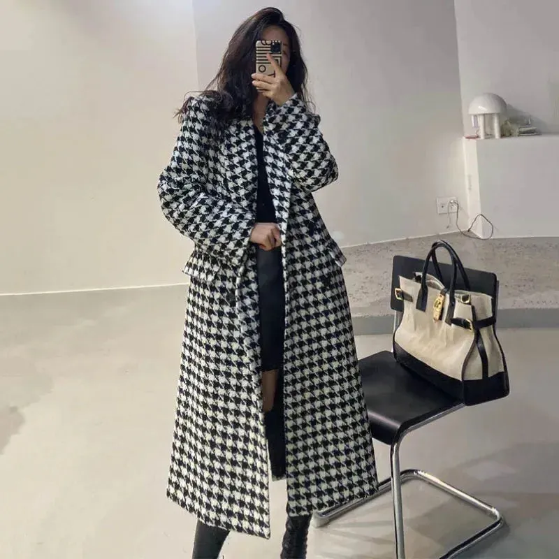New Women Modern Fashion Houndstooth,Wool Jacket Women Autumn,Single Breasted Long Overcoat