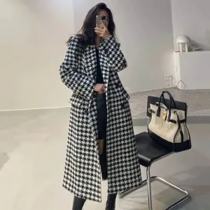 New Women Modern Fashion Houndstooth,Wool Jacket Women Autumn,Single Breasted Long Overcoat