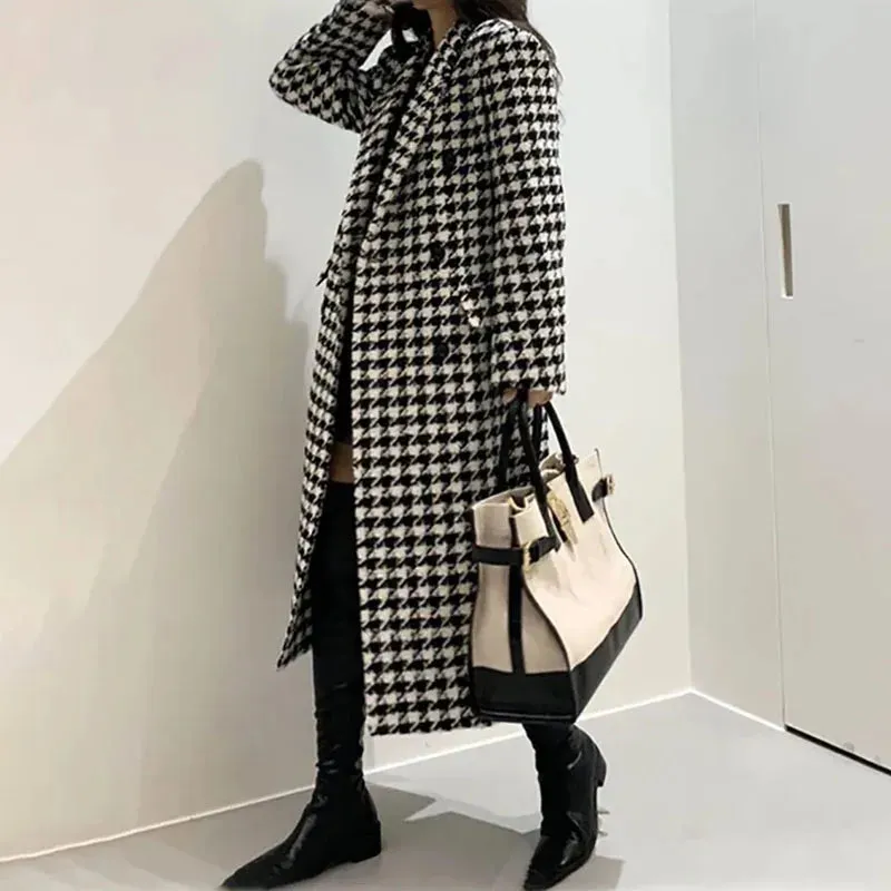 New Women Modern Fashion Houndstooth,Wool Jacket Women Autumn,Single Breasted Long Overcoat