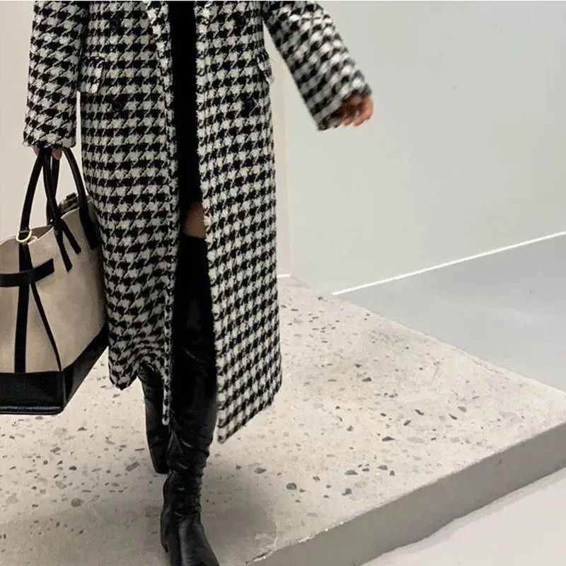 New Women Modern Fashion Houndstooth,Wool Jacket Women Autumn,Single Breasted Long Overcoat