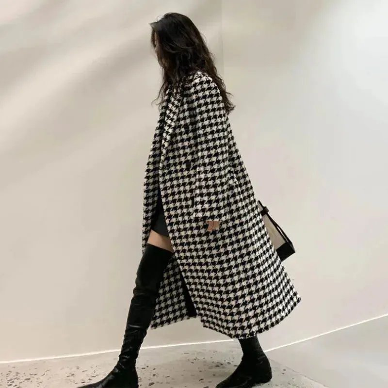 New Women Modern Fashion Houndstooth,Wool Jacket Women Autumn,Single Breasted Long Overcoat
