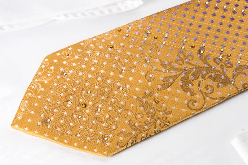 Nicole St Giles Rhinestone Silk Tie Silver Purple Checker On Golden Yellow With Gold Sparkles