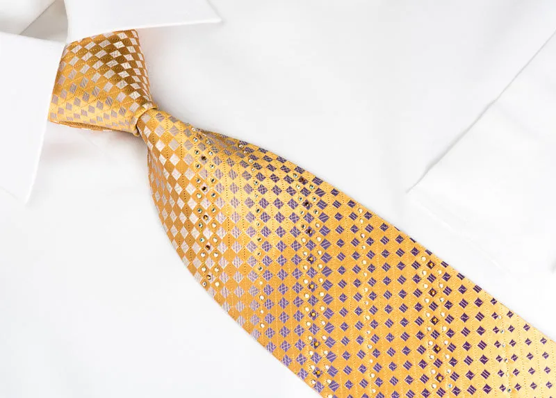 Nicole St Giles Rhinestone Silk Tie Silver Purple Checker On Golden Yellow With Gold Sparkles