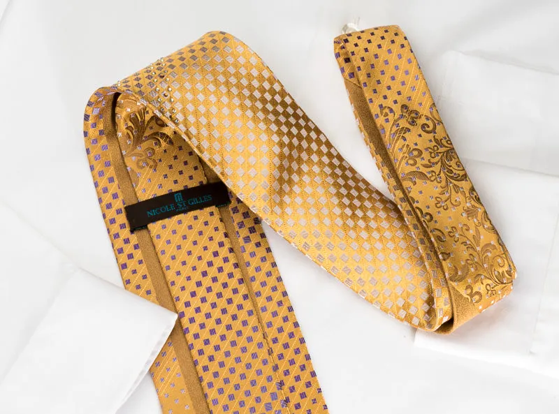 Nicole St Giles Rhinestone Silk Tie Silver Purple Checker On Golden Yellow With Gold Sparkles