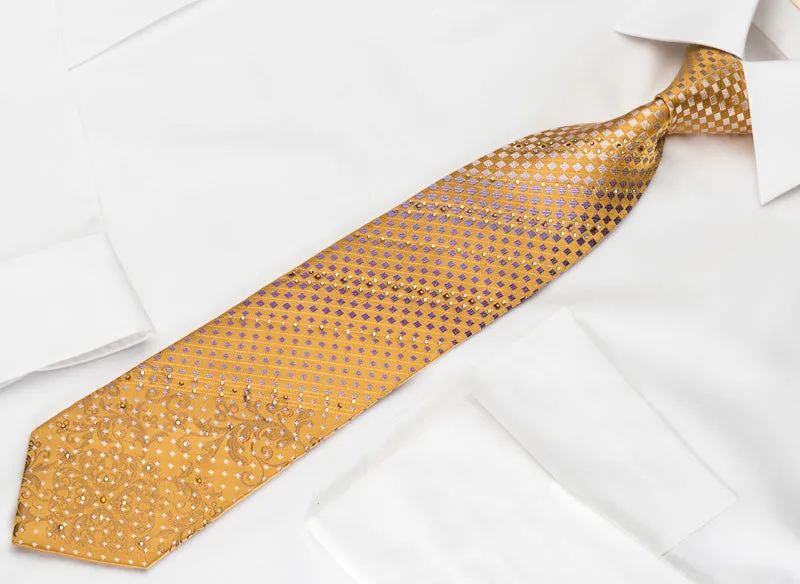 Nicole St Giles Rhinestone Silk Tie Silver Purple Checker On Golden Yellow With Gold Sparkles