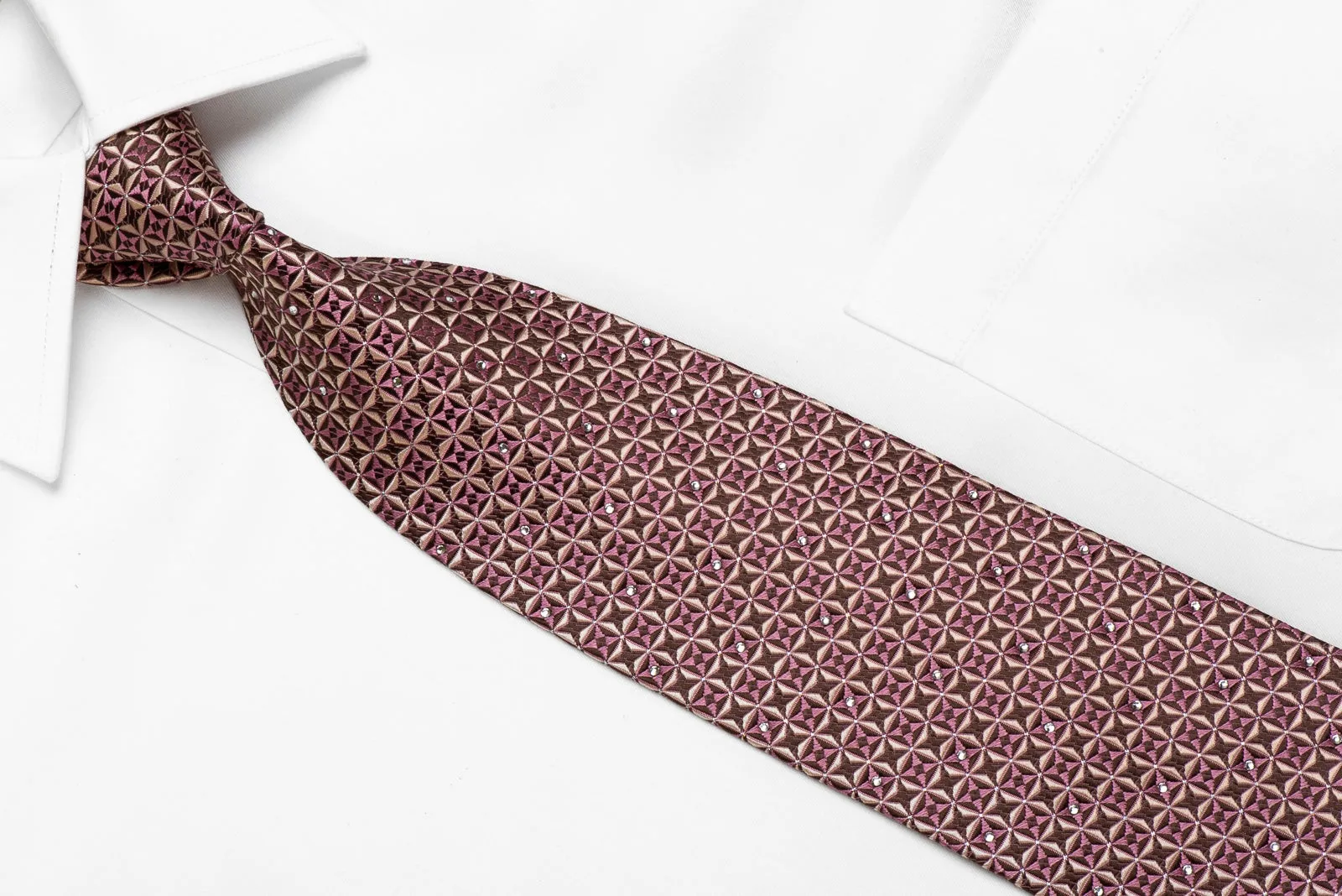Nina Ricci Men's Crystal Silk Necktie Beige Pink Geometric On Brown With Silver Sparkles