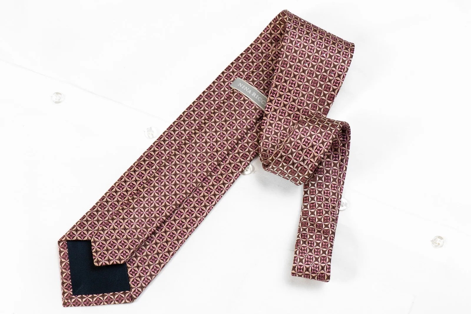 Nina Ricci Men's Crystal Silk Necktie Beige Pink Geometric On Brown With Silver Sparkles