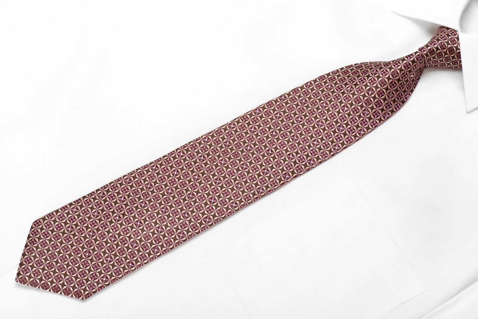 Nina Ricci Men's Crystal Silk Necktie Beige Pink Geometric On Brown With Silver Sparkles